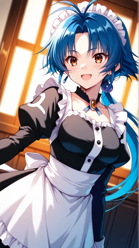 source_anime, general, best quality, masterpiece, 1girl, <lora:Aria_Advance_ill_v1.1:1> aria_advance\(srw\), brown eyes, blue hair,medium breasts,long hair,low ponytail , jewelry,earrings,maid, maid headdress, maid apron, happy, (embarrassed:0.8), dynamic pose, dutch angle,