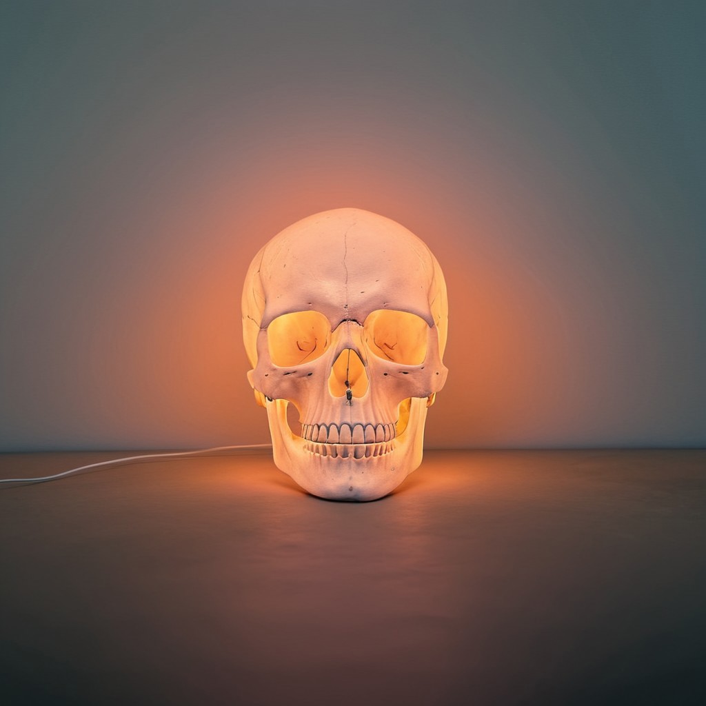 glowing skull in a dark room