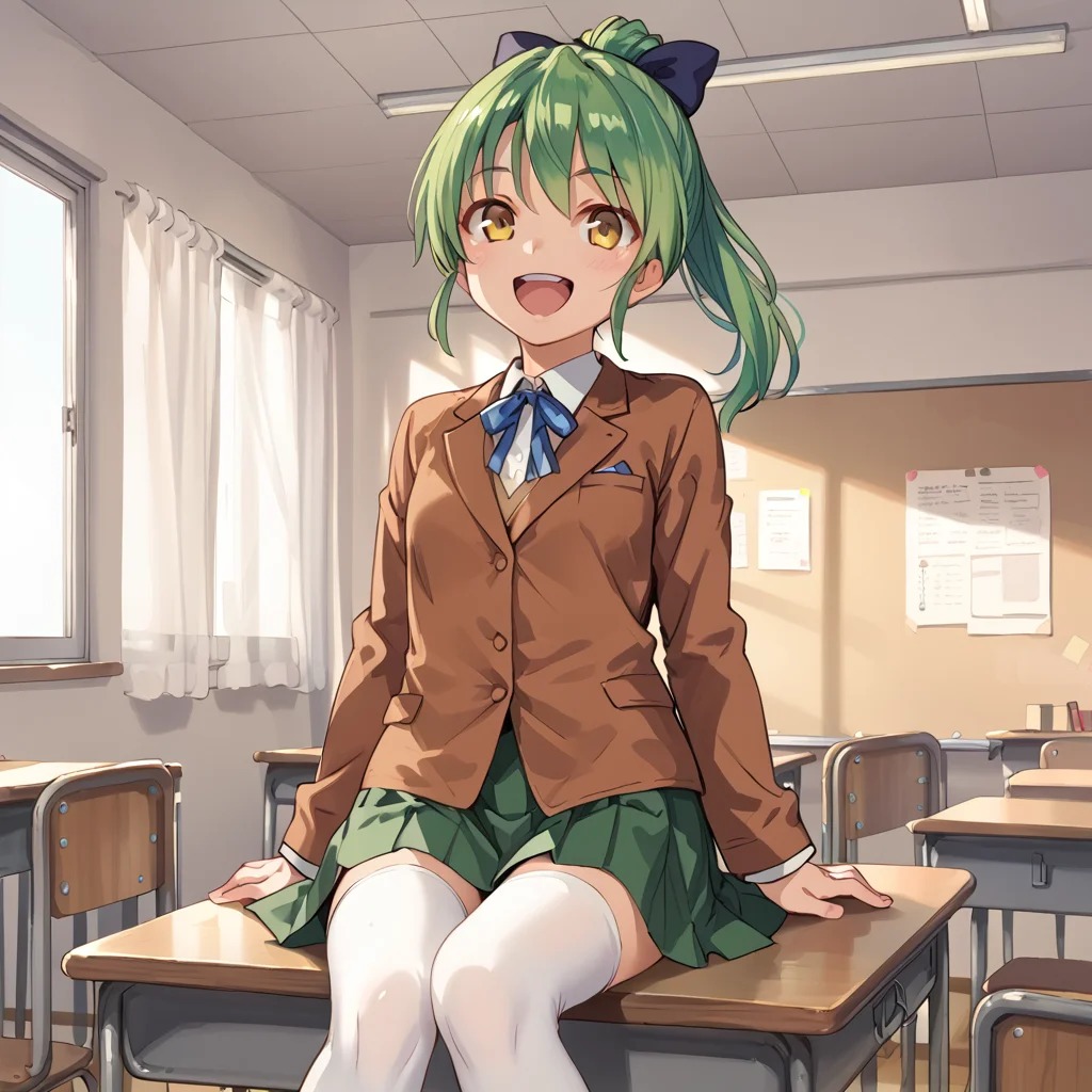score_9, score_8_up, score_7_up, masterpiece, BREAK,
ai_aihara, green hair, yellow eyes, ponytail, hair ribbon, brown jacket, green skirt, solo, sitting on desk, white thighhighs,
classroom, happy, excited,
<lora:Ai_Aihara:0.8>