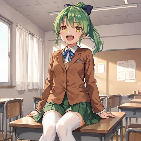 score_9, score_8_up, score_7_up, masterpiece, BREAK,
ai_aihara, green hair, yellow eyes, ponytail, hair ribbon, brown jacket, green skirt, solo, sitting on desk, white thighhighs,
classroom, happy, excited,
<lora:Ai_Aihara:0.8>
