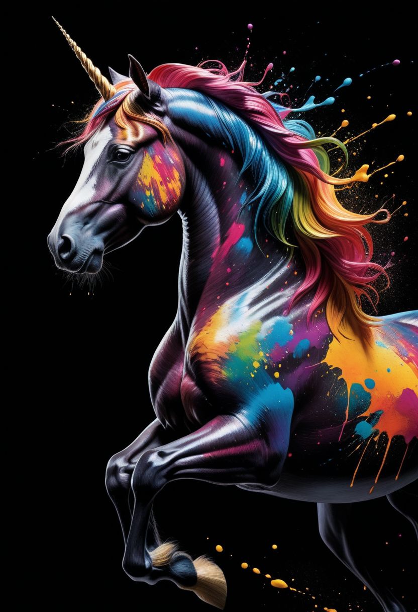 A captivating and dynamic artwork on a deep black background, with vibrant colors expertly splattered to create an enchanting effect. The splatter patterns meticulously form the head of a majestic, colorful unicorn, adding a touch of elegance and sophistication to the overall composition. The image exudes creativity and artistic expression, with a sense of movement and energy that draws the viewer in, immersing them in the world of vibrant colors and fluid forms.