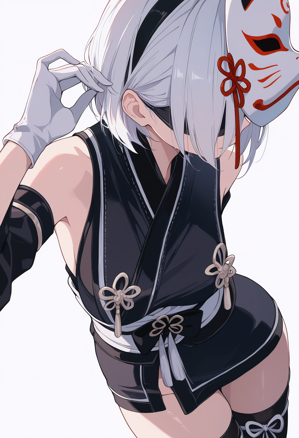 masterpiece, best quality,  very aesthetic, newest, scenery,
1girl, solo, yorha1, mask on head, thighhighs, white hair, bob cut, black hairband, blindfold,
white gloves, perfect face, long slender body, slim hips, perfect face, perfect hands, dynamic angle,
pastel colors, (white background:1.1), solo, adjusting hair, standing, contrapposto, hair behind ear, leaning forward, close_up, hand on own hair,
<lora:YoRHa type 1 IL:0.8>