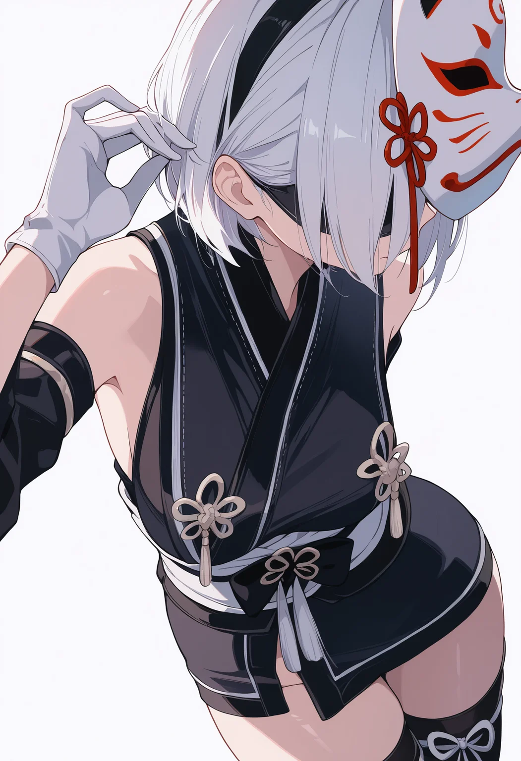 masterpiece, best quality, very aesthetic, newest, scenery,
1girl, solo, yorha1, mask on head, thighhighs, white hair, bob cut, black hairband, blindfold,
white gloves, perfect face, long slender body, slim hips, perfect face, perfect hands, dynamic angle,
pastel colors, (white background:1.1), solo, adjusting hair, standing, contrapposto, hair behind ear, leaning forward, close_up, hand on own hair,
<lora:YoRHa type 1 IL:0.8>