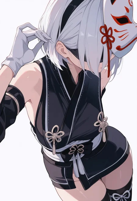masterpiece, best quality, very aesthetic, newest, scenery,
1girl, solo, yorha1, mask on head, thighhighs, white hair, bob cut, black hairband, blindfold,
white gloves, perfect face, long slender body, slim hips, perfect face, perfect hands, dynamic angle,
pastel colors, (white background:1.1), solo, adjusting hair, standing, contrapposto, hair behind ear, leaning forward, close_up, hand on own hair,
<lora:YoRHa type 1 IL:0.8>