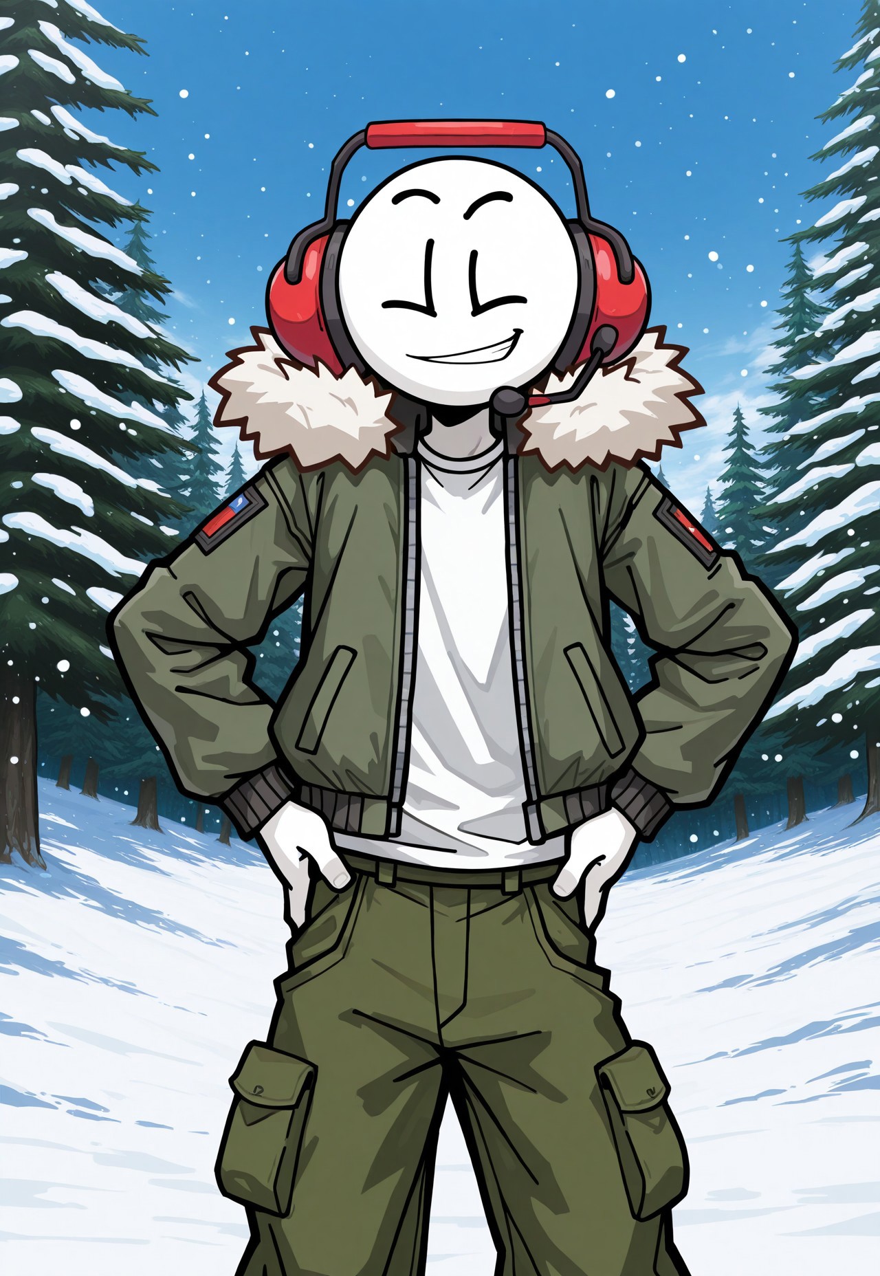 very awa, masterpiece, best quality, absurdres, newest, perfect quality, detailed background, intricate details, official art, anime screenshot, thscstyle,

1boy, male, male only, man, male focus, slim, athletic body, solo,

(CharlesTHSC, headset, white skin),

outdoors, snow, snow particles, forest, detailed background, dynamic angle, dynamic pose,

grin, jacket, open jacket, fur trim, uniform, white shirt, standing, hands on hips, wink, cargo pants,