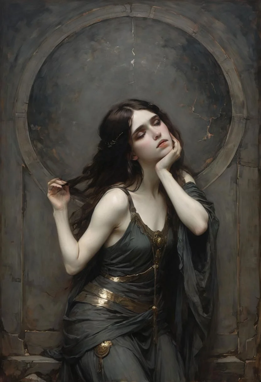 John William Waterhouse Style page, liminal, female Atlas, bowing down towards the camera with the world on her shoulders, Explore the somber tones and bleak atmosphere in your depiction,
