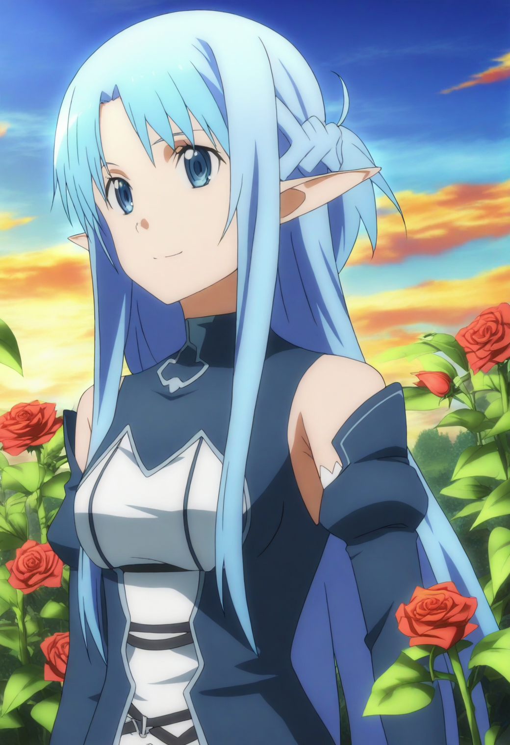 <lora:Asuna Alfheim - [Sword Art Online] - illustriousXL v1:1>, sysdeep_asunaalfheim, blue eyes, blue hair, enchanted rose garden, picking rose, misty glow, soft smile, twilight setting, anime coloring
