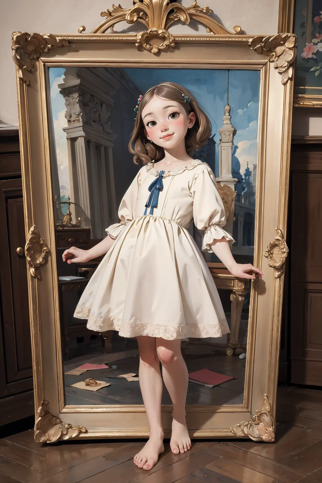 masterpiece, baroque era, perfect composition,watercolor depiction of a young girl, barefoot, perfect feet, elegant, majestic,
8k portrait, conservative baroque dress, happy, elegant pose, distinct facial features, <lora:Squeezer2:1.3> <lora:Johannes Vermeer style:0.5> Johmeer <lora:Mizars_-_Misc_Foot_Focus_Poses:0.3> barefoot, toenails, mizarfeet,