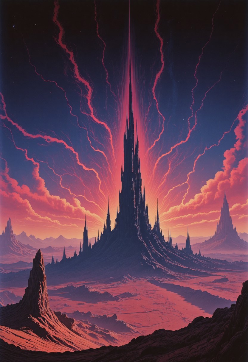 M100-style, retro scan of 80s-anime-ai spectral neon Gradient ascii_art, a 80s Sci-fi Ethereal. Dark space, 80`s sci-fi book artwork, lofi, neon-pastel colors, grainy, vintage
Create a vivid description of a distant planet in the universe where enormous structures are visible from space, towering over the landscape in an awe-inspiring display. hyper realistic and highly detailed, highly dynamic cinematic panorama view, fantasy painting of the towering nightmare, outlandish, unusual, otherworldly, foreign, eldritch, digital painting, highly detailed and hyper surrealistic, perfect composition, harmonic colors, highly dramatic lighting, perfect composition, full panoramic view