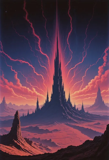 M100-style, retro scan of 80s-anime-ai spectral neon Gradient ascii_art, a 80s Sci-fi Ethereal. Dark space, 80`s sci-fi book artwork, lofi, neon-pastel colors, grainy, vintage
Create a vivid description of a distant planet in the universe where enormous structures are visible from space, towering over the landscape in an awe-inspiring display. hyper realistic and highly detailed, highly dynamic cinematic panorama view, fantasy painting of the towering nightmare, outlandish, unusual, otherworldly, foreign, eldritch, digital painting, highly detailed and hyper surrealistic, perfect composition, harmonic colors, highly dramatic lighting, perfect composition, full panoramic view
