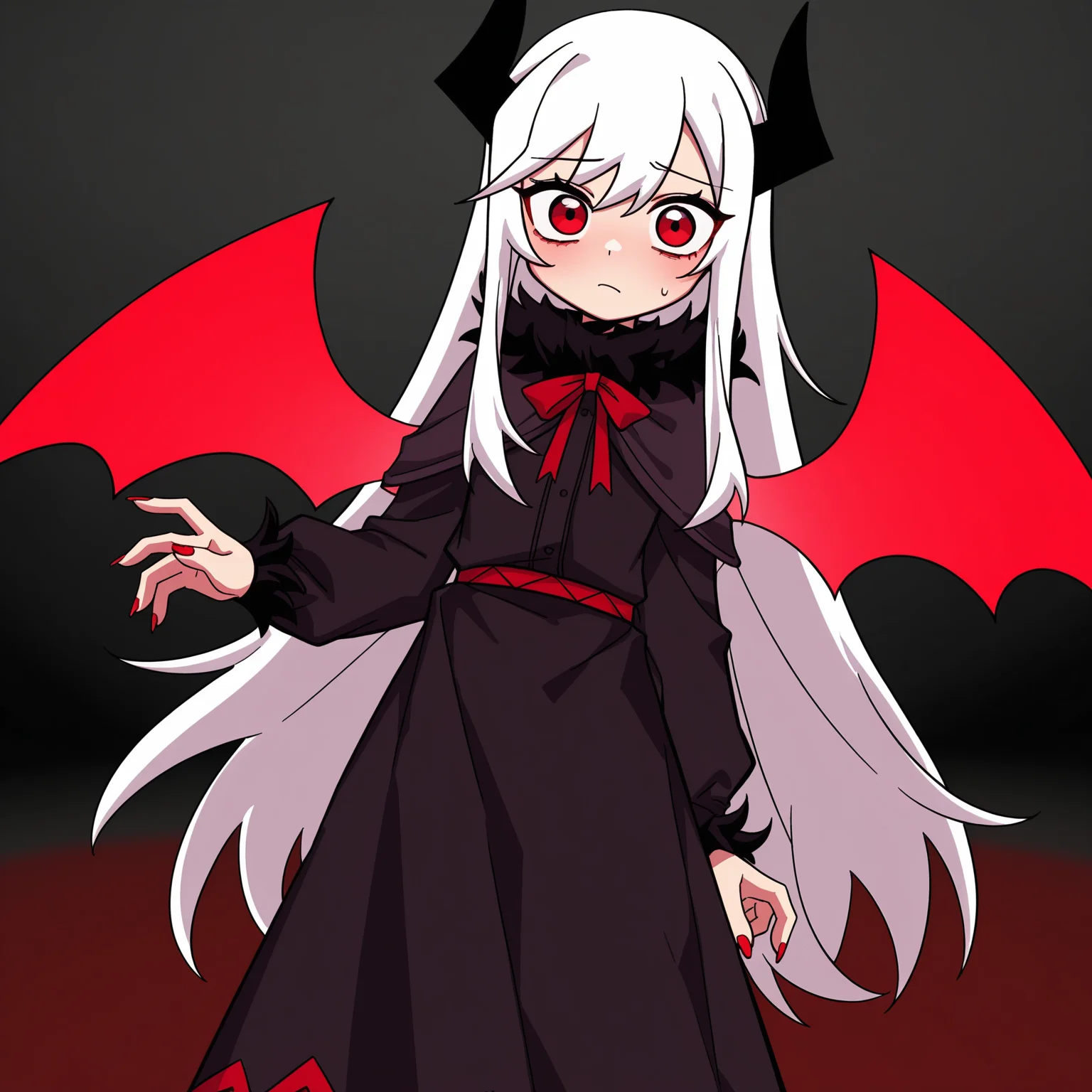 masterpiece, best quality, amazing quality, anime screencap, 1girl, solo, standing, cowboy shot, looking at viewer, <lora:VareltFNF:0.9>, VareltFNF, white hair, long hair, red eyes, black horns, neck ribbon, red ribbon, red demon wings, long fingernails, red fingernails, black dress, long dress, black skirt, black boots,