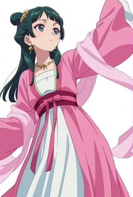 Smooth Quality,masterpiece,very intricate, high quality details, ultra realistic, high detailed skin,detailed enviorement,absurdres,
simple background, white background,solo,
from below,dancing, covered nipples,
x3,
<lora:Maomao_CNR:0.8> maomao_cnr,green hair, long hair, green eyes, flat chest, maopink_cnr,twintails, hair bun, sidelocks, chinese clothes, hanfu, long sleeves, wide sleeves, shawl, sash,hair ornament, earrings, necklace,