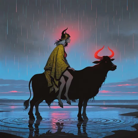 1girl, [ushizaki urumi], from side, beach, riding cow, hooves, extra legs, viking helmet, looking afar, profile, sad, overcast, dim lighting, reflective water, ripples, rain,
vdsur, surreal, colored background, high contrast,
masterpiece