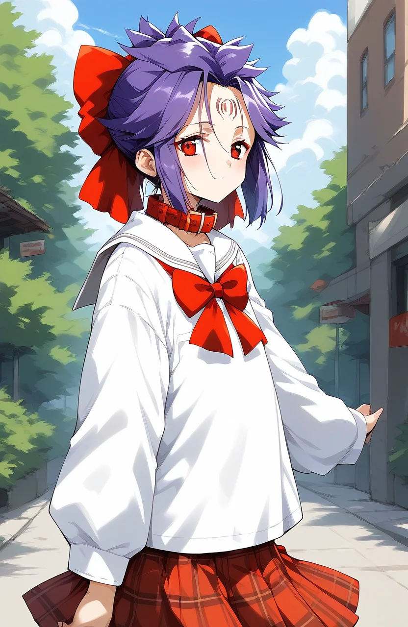 score_9, score_8_up, score_7_up, source_anime, rating_explicit, BREAK <lora:kakurine_Ver2.1_XL:1> kakurine, forehead mark, red eyes, purple hair, short hair, sidelocks, hair bow, red bow, collar,
school uniform, checked skirt,
outdoor, day,