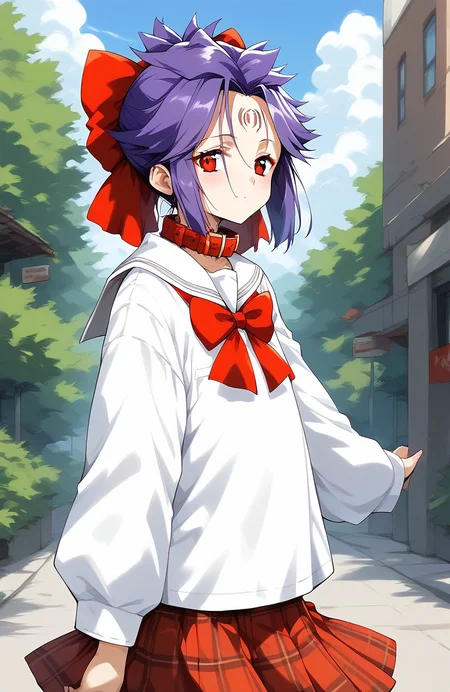 score_9, score_8_up, score_7_up, source_anime, rating_explicit, BREAK <lora:kakurine_Ver2.1_XL:1> kakurine, forehead mark, red eyes, purple hair, short hair, sidelocks, hair bow, red bow, collar,
school uniform, checked skirt,
outdoor, day,