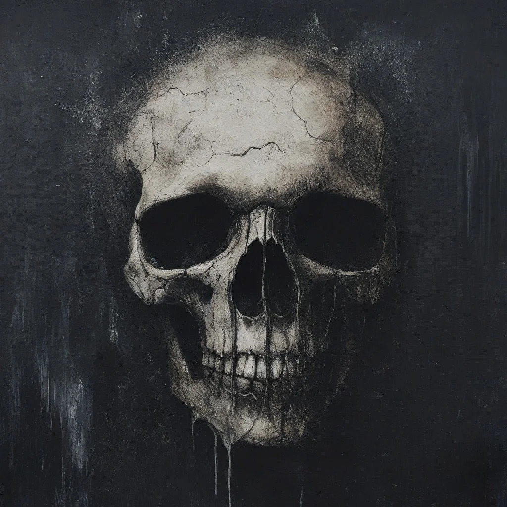 novuschroma64 style, one half of a human skull which has been fractured and detoriated after many long years