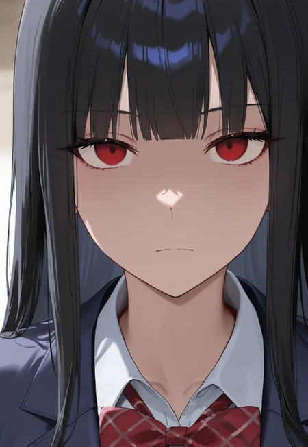 masterpiece,best quality,amazing quality,newest,absurdres,highres, newest,very awa, scenery, anime,
from front, portrait, close up,face only,
1girl, beautiful face, perfect eyes, detailed eyes,mature female,slim body,
black hair,long hair, straight hair,blunt bangs, looking at viewer,
red eyes,  blank eyes, expressionless, shaded face,
large breasts, collarbone,
collared shirt,red plaid bowtie,dark blue blazer,beige vest,
depth of field,volumetric light,dark background, simple background,
