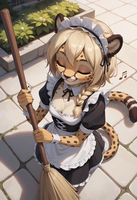score_9, score_8_up, score_7_up,
source_furry, high quality, perfection, detailed, aesthetic, well-lighted,
1girl, solo, from above,
mansion, outdoors, garden, cobblestone floor,
furry female, anthro, furred body, fluffy fur, beautiful girl, cute girl, adult, youthful, beautiful face,
cheetah girl, small breasts, petite, blonde hair, single braid, (long tail:1.2), good hands,
maid outfit, cleavage, maid headband, maid apron,
holding broom, sweeping, soft smile, relaxed, closed eyes, musical note, singing,