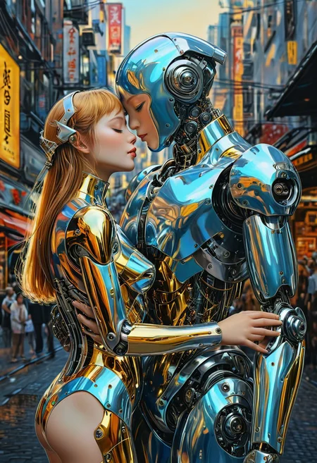 A captivating, full-body colored oil painting portrays a lustrous, metallic robotic android robot and a girl locked in an embrace, reminiscent of the distinctive style of Hajime Sorayama. The vivid colors and smooth texture of the painting highlight the futuristic, alluring scene as the android and the girl share a passionate kiss.