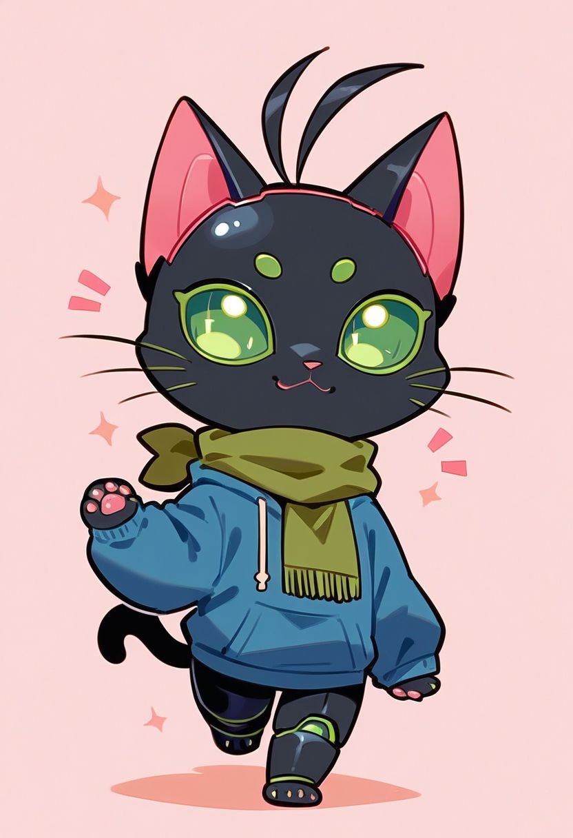 score_9, score_8_up, score_7_up, source_cartoon, adorable Chibi Anthropomorphic cat, looking mischievous, thick black fur, blue hoodie, green scarf, (robot eyes, cat head, robot antenna, cat traits, chibi body:1.1), walking, simple pink background, (detailed image, high resolution, 5k resolution:1.0), (chibi art style:0.95)