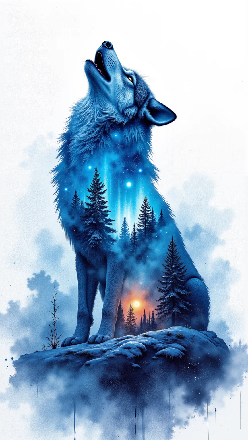 Jedwtrexp, watercolor, A howling wolf silhouette with a backdrop of the northern lights and snow-covered forests blending into its fur. <lora:WatercolorExposure-000007:1>