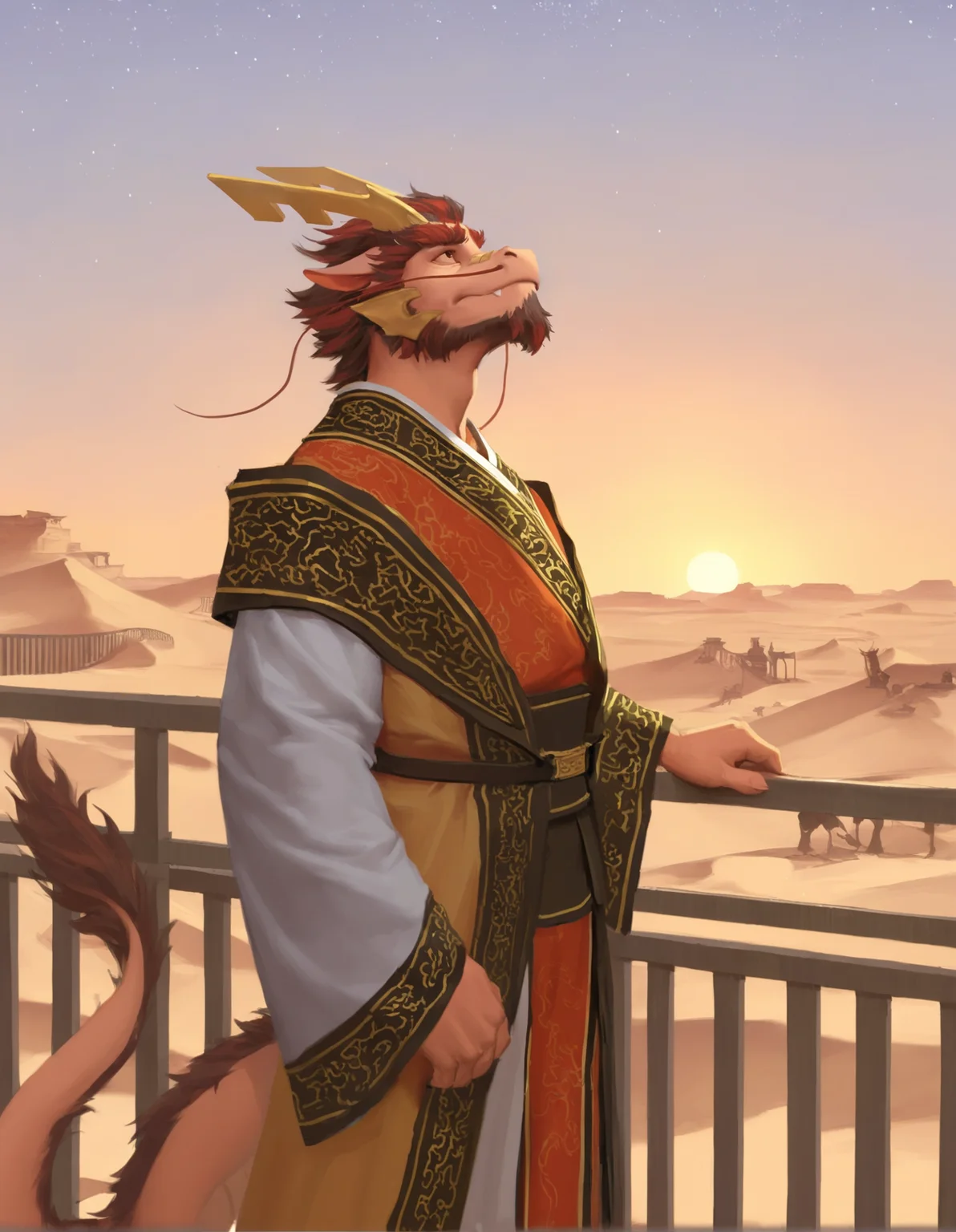 caraid, tarjumdad, eastern dragon, furred dragon, anthro, solo, mature male, emperor attire, standing, looking away, looking up, sunset, railing, desert, sky, star, sad smile,
<lora:Tarjumdad_1.3:0.6>