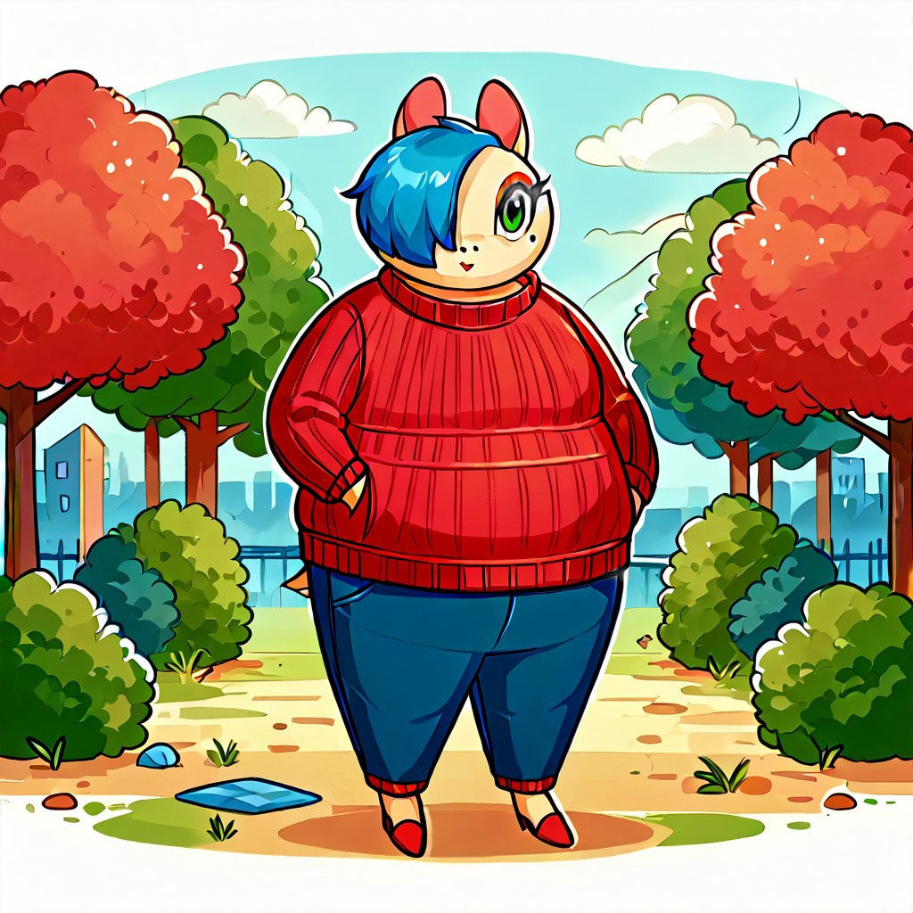 score_9, score_8_up, score_7_up, Shebbs, Maydine, Blue Hair, Hair Covering one eye, Red Sweater, Pants, Makeup, beauty mark, outside
