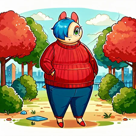 score_9, score_8_up, score_7_up, Shebbs, Maydine, Blue Hair, Hair Covering one eye, Red Sweater, Pants, Makeup, beauty mark, outside