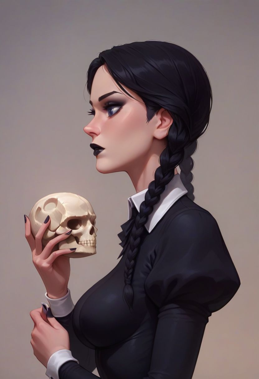 score_9, score_8_up, score_8, score_7_up, score_7, rate_safe, 
(best quality:1.1), (masterpiece:1.2), (realistic:1.2), (detailed:1.1), (highres, best quality:1.2), 
1girl, Wednesday (Wednesday addams(/The addams family)/,(ultra HD quality details), hair in two ponytails, black hair, raven black eyes, beautiful face, pale skin,
beautiful face, 
gothic, black lips, emo, black nails,
collared dress, black long dress, covered shoulders, covered chest, covered neck, puffy sleeves, long sleeves, white collar, white cuffs,
Slim girl, large breasts, skinny, tiny,  petite, small arms, (20 years old)), 
background (dungeon), Dark atmosphere, curious, holding skull,
pov, upper body, side view,