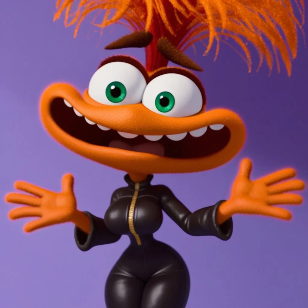 score_9, score_8_up, score_7_up, Expressiveh, masterpiece, best quality, highly detailed, realistic, (zPDXL3), 1girl, solo, (AnxietyIO, 3D, orange hair, orange body, green eyes, brown eyebrows, wide mouth, teeth, clothed, black jacket, leather jacket, open jacket, orange shirt, black pants, upper body), close-up, tongue, shocked, surprised, open mouth, (purple background, simple background), ((looking at viewer, hand on hip, bedroom eyes)), (((big breasts, thick thighs, wide hips, low-angle view)))