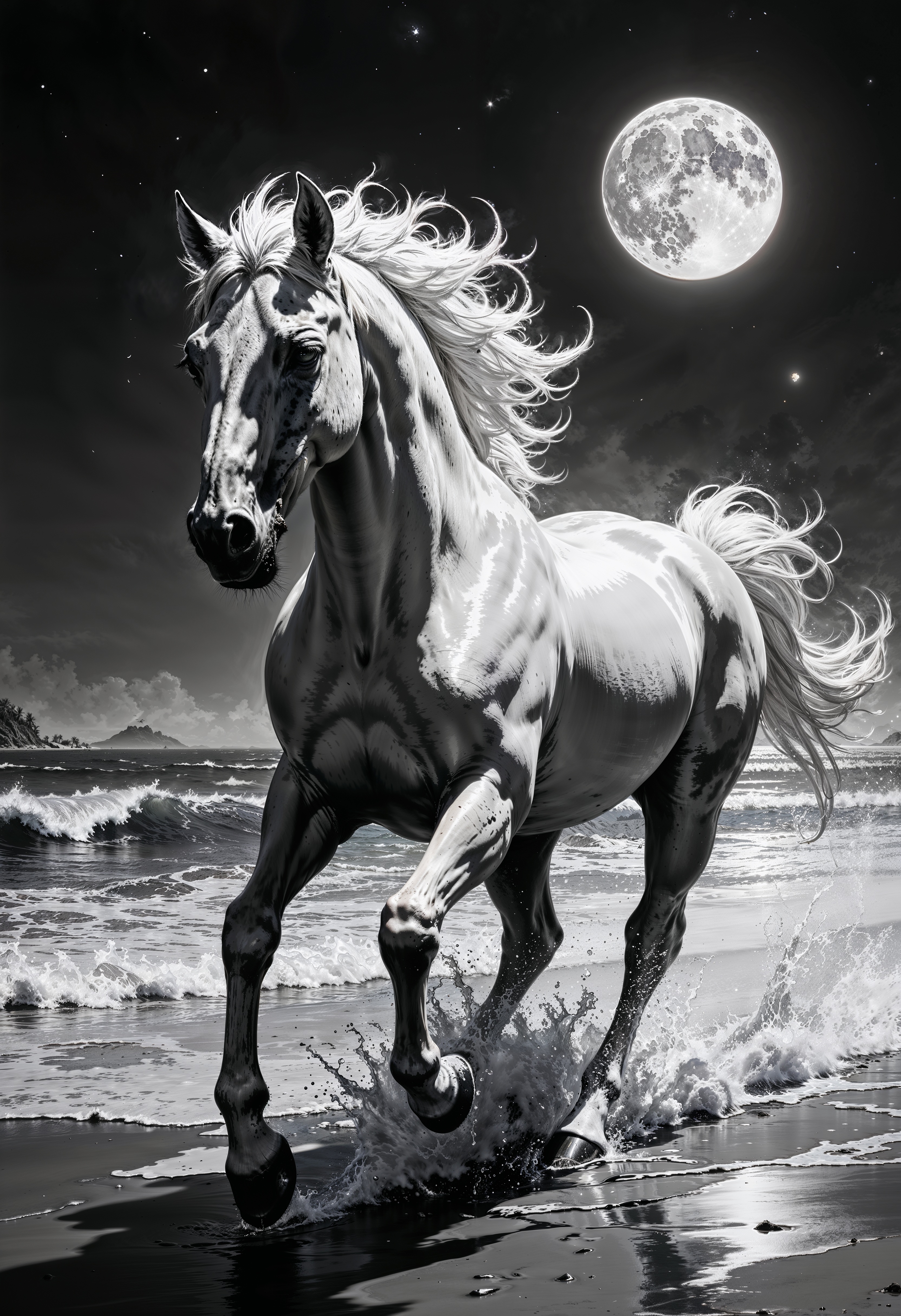 a dramatic, cinematic photograph of a majestic white horse in full gallop, its mane and tail flowing in the wind, as it thunders across a deserted midnight beach, illuminated only by the soft, ethereal glow of a full moon hanging low in the sky, casting a silver-blue light on the waves, which sparkle like a million glittering diamonds as they crash beneath the horse's pounding hooves, sending plumes of foamy spray high into the air, frozen in a moment of dynamic movement, with the horse's muscles rippling beneath its sleek coat, its eyes bright and wild, and its nostrils flared, capturing the raw energy and freedom of the moment in stunning black and white.