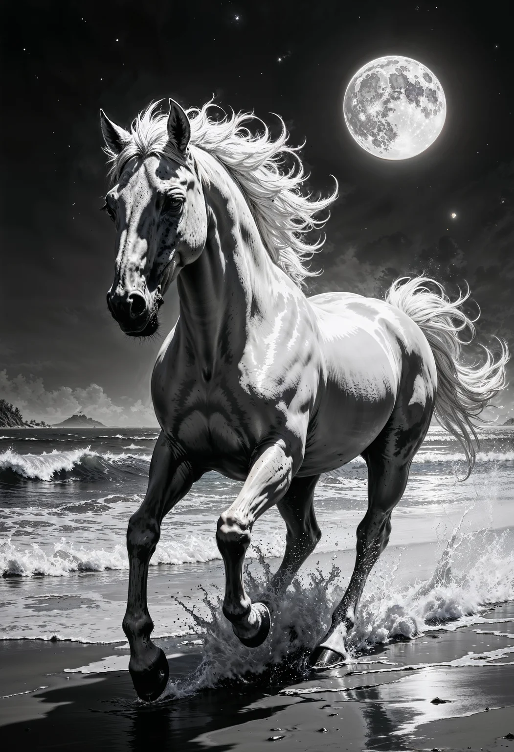 a dramatic, cinematic photograph of a majestic white horse in full gallop, its mane and tail flowing in the wind, as it thunders across a deserted midnight beach, illuminated only by the soft, ethereal glow of a full moon hanging low in the sky, casting a silver-blue light on the waves, which sparkle like a million glittering diamonds as they crash beneath the horse's pounding hooves, sending plumes of foamy spray high into the air, frozen in a moment of dynamic movement, with the horse's muscles rippling beneath its sleek coat, its eyes bright and wild, and its nostrils flared, capturing the raw energy and freedom of the moment in stunning black and white.