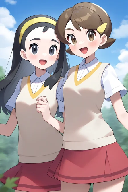 2d, masterpiece, best quality, amazing quality, highres, absurdres, newest, 2girls, standing, smile, open mouth, cowboy shot, upper body, sky, clouds, woods, teammates \(pokemon\), senpai, long hair, black hair, black eyes, yellow hairband, kohai, short hair, brown hair, brown eyes, hairclip, collared shirt, short sleeves, beige sweater vest, red skirt, miniskirt,,masterpiece,best quality,newest,absurdres,highres,very awa