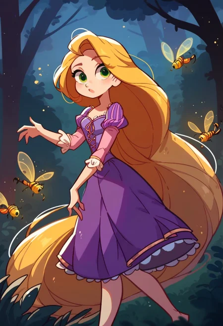 score_9, score_8_up, score_7_up,1girl, RapunzelWaifu, purple dress, puffy sleeves, very long hair, blonde, green eyes, walking on the forest, night, fireflies