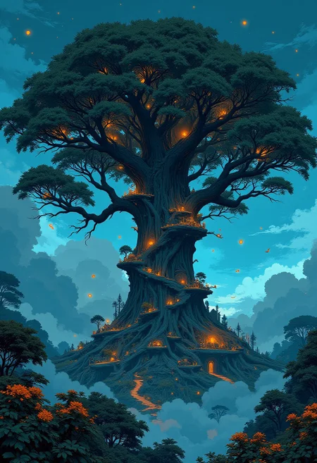 A Giant Tree Harboring an Entire Civilisation. A fantastical depiction of a colossal tree whose sprawling canopy houses an intricate city glowing with bioluminescent lights. The trunk is carved with spiraling pathways leading to hidden markets and lush gardens. Floating lanterns drift gently upward, their golden glow illuminating the ethereal blue mist surrounding the roots. The sky above is painted with an eternal twilight, dotted with luminous creatures that flit among the leaves. Themes of coexistence, nature’s grandeur, and magical ingenuity are explored.