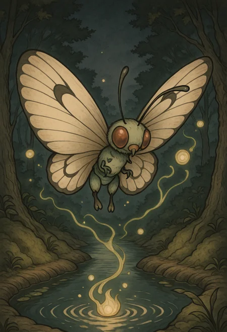 masterpiece, best quality,     y0k4i, forest, glow, magic, Butterfree, floating, pond, night,   <lora:YokaiPokedex_IXL:1.0>,