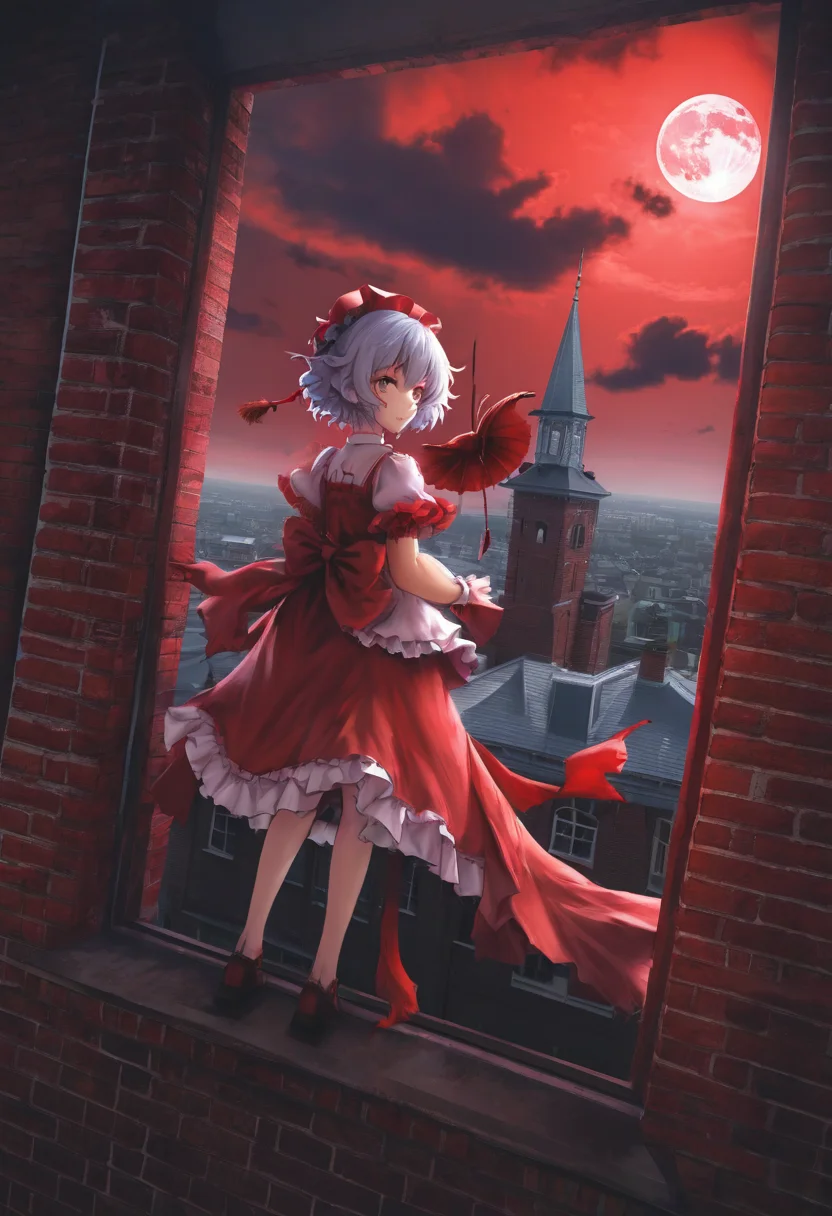 touhou, red moon, no humans, sky, scenery, building, remilia scarlet, wings, red sky, scarlet devil mansion, cloud, moon, red theme, dutch angle, window, outdoors, brick wall, cloudy sky, tower, city