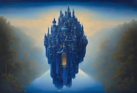 award winning painting of a floating castle in the air, epic composition, detailed, parts made of deep blue crystal, intricate, the greatest painting ever