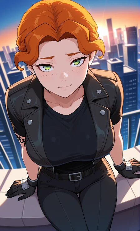 cityscape shot with blue hour shot of  <lora:vica:1>    vicamf, 1girl, solo, green eyes, orange hair, freckles, frown , braid, (mature female:1.2), half closed mouth,  pants, black jacket, belt, black gloves, tattoo,  black shirt, shirt, black pants, short hair, breasts, (from above:1.2), smile
 black thighhighs, sitting, sad, expressionless, sky, evening, orange sky, looking up, depth of field, masterpiece, best quality, newest, very awa, dutch angle, depth of field, detailed backgroud,foreshortening,blurry edges, soft lighting, intricate details , depth of field, foreshortening,(masterpiece, best quality), safe, amazing quality, very aesthetic, absurdres, highres, newest,  vicamf,  . Cool light, twilight, peaceful, moody. Urban, skyline, architectural, dynamic