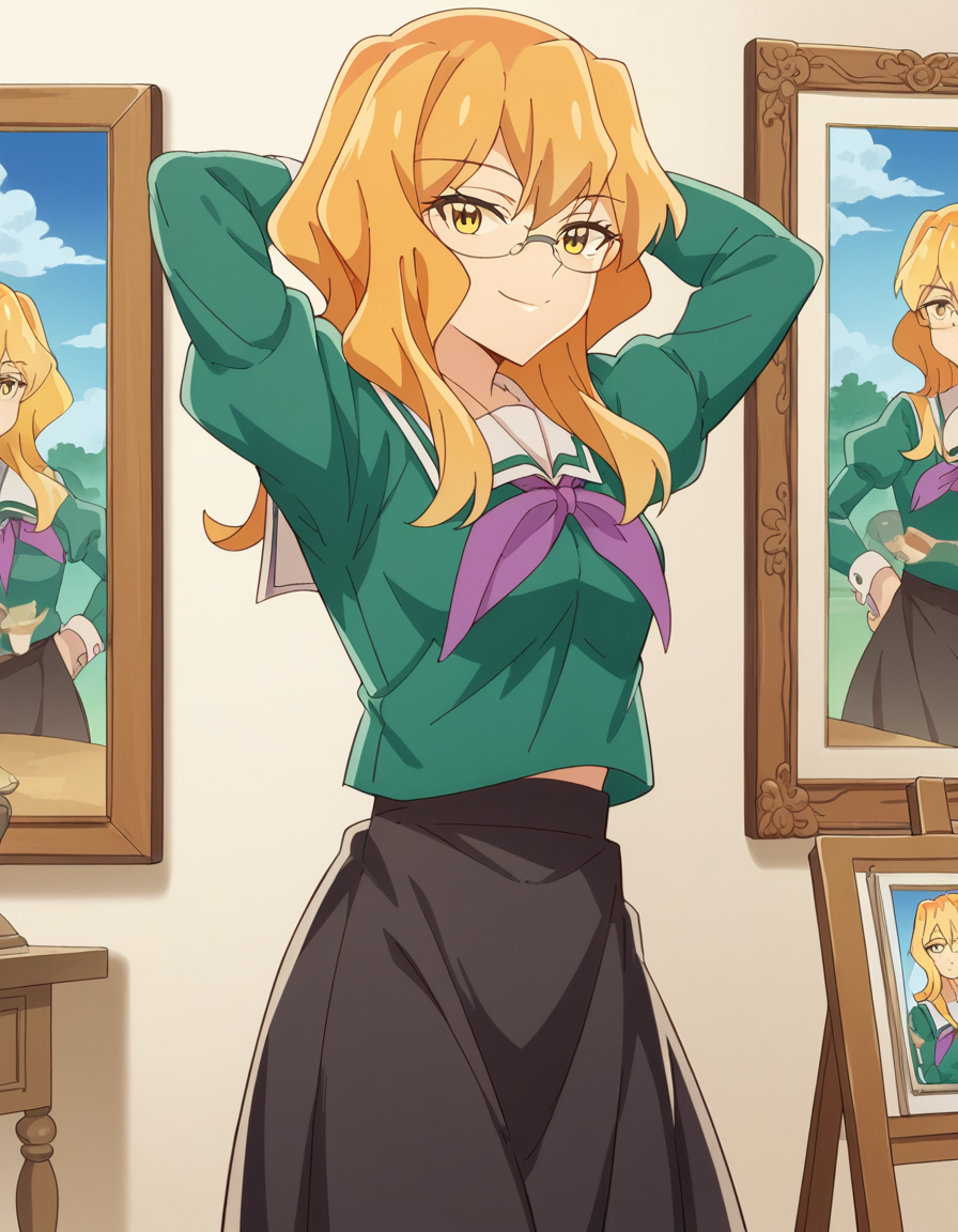 score_9, score_8_up, score_7_up, source_anime, <lora:sumika-chibana-s1-ponyxl-lora-nochekaiser:1>, sumika chibana, long hair, blonde hair, yellow eyes, glasses,, skirt, long sleeves, school uniform, puffy sleeves, serafuku, purple neckerchief, green shirt, black skirt, long skirt,, art gallery, paintings, sculptures, exhibits, quiet, smile, hands behind head,, looking at viewer, solo,, dutch angle, cowboy shot