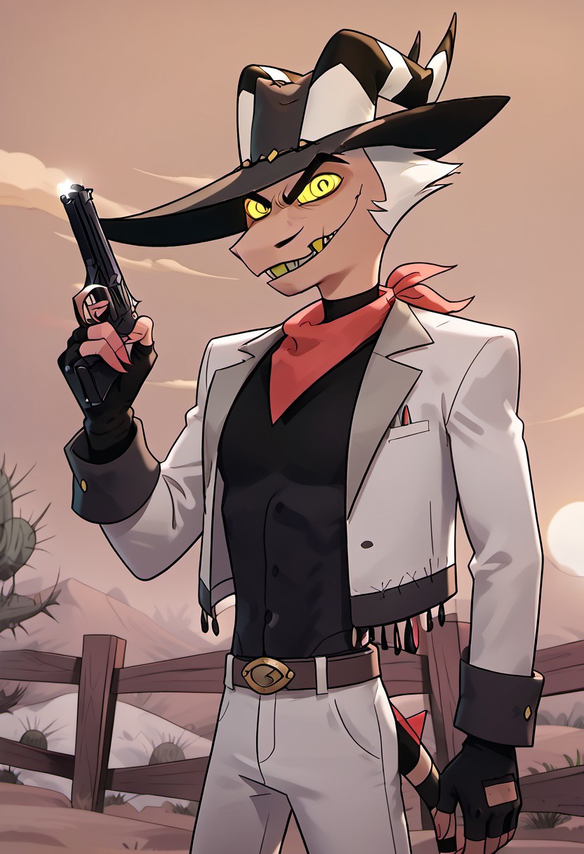 score_9_up, score_8_up, score_7_up, high quality, detailed, male, solo male, StrikerHB, 1boy, mature male, devil, light skin, black eyes, yellow sclera, colored sclera, horns, demon, broad shoulders, athletic build, white hair, mustache, facial hair, standing, half body, outdoors, looking at viewer, grinning, cowboy, cowboy hat, white jacket, red neckerchief, black shirt, white pants, ranch, desert, fence, black fingerless gloves, western, leaning against fence, pistol in one hand
