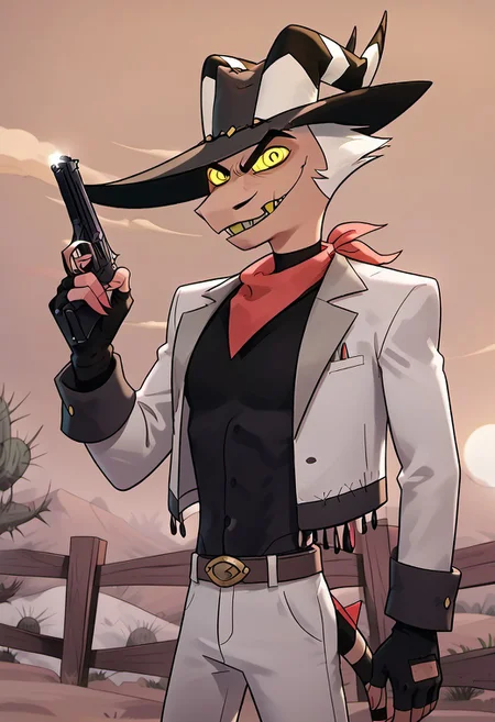 score_9_up, score_8_up, score_7_up, high quality, detailed, male, solo male, StrikerHB, 1boy, mature male, devil, light skin, black eyes, yellow sclera, colored sclera, horns, demon, broad shoulders, athletic build, white hair, mustache, facial hair, standing, half body, outdoors, looking at viewer, grinning, cowboy, cowboy hat, white jacket, red neckerchief, black shirt, white pants, ranch, desert, fence, black fingerless gloves, western, leaning against fence, pistol in one hand