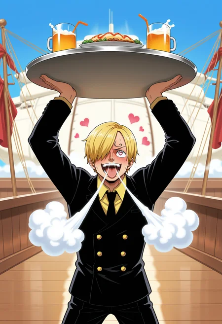 1boy,solo,
sanji \(one piece\), black suit, blonde hair,
nose vapor,
standing, cowboy shot,
outdoors, ship,
love, happy, excited, heart-shaped pupils, shouting, tongue out,
arms up, holding tray, food on tray,juice_on_tray,
masterpiece,best quality,amazing quality,very aesthetic,absurdres,newest,
<lora:StS-Illustrious-Detail-Slider-v1.0:1.5>,<lora:reduce_wrinkles_illstriouosv0.1_ADDifT_2_in_1_v1.2:0.8>,<lora:99coins_nose_vapor_IL_v6_06:1>,