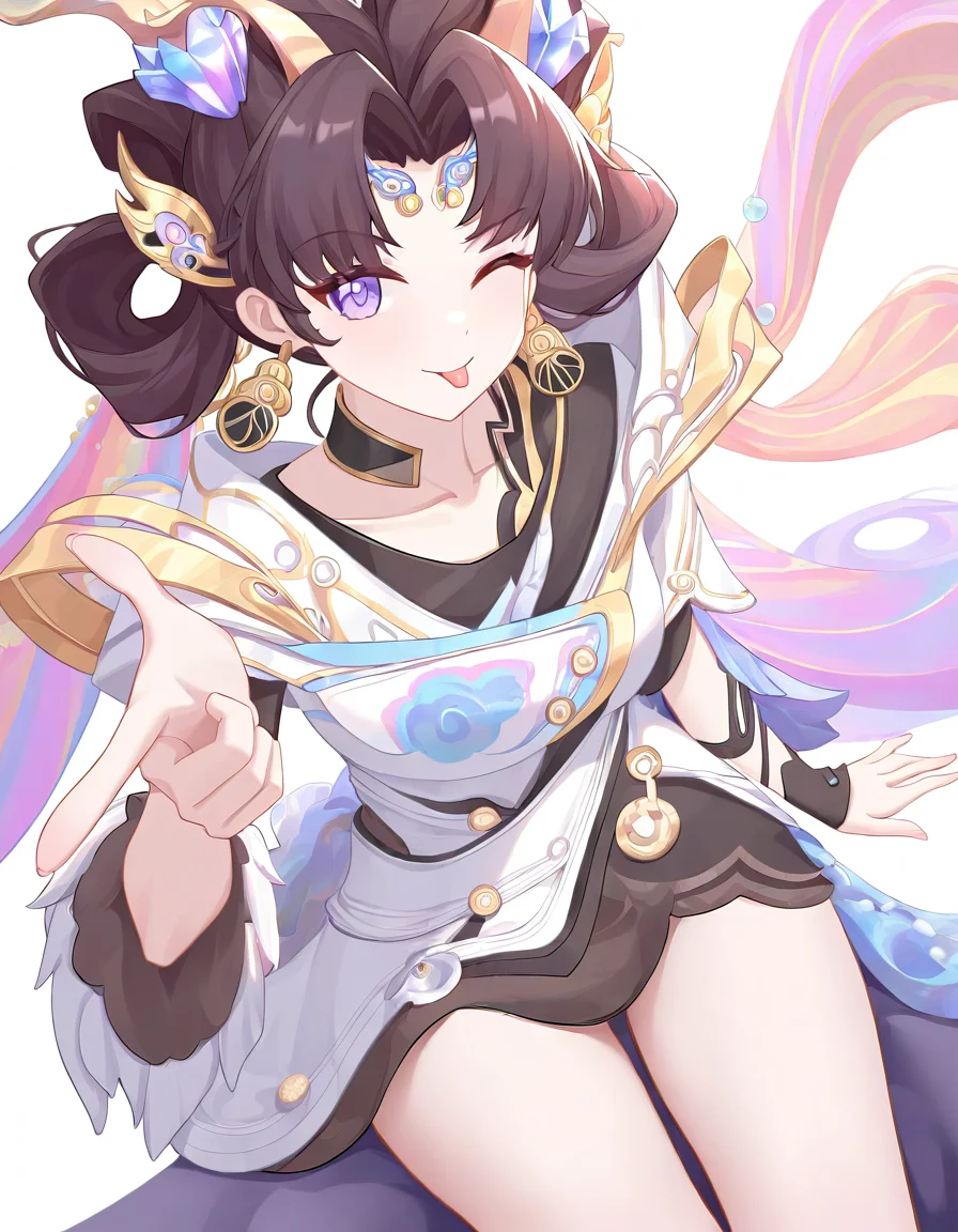 chenglongxuanji,solo,1girl,looking at viewer,white backgrounds,simple background,cowboy shot,<lora:chenglongxuanji-000014:1>,sitting,one eye closed,smile,tongue out,finger_gun,pointing at viewer,, masterpiece, best quality, very aesthetic, absurdres,newest, incredibly absurdres,
