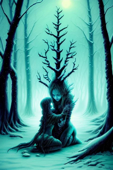 Old witch, kneeling with a dead warrior, skinny witch in dark frozen forest, kneeling next to dead warrior, OverallDetail