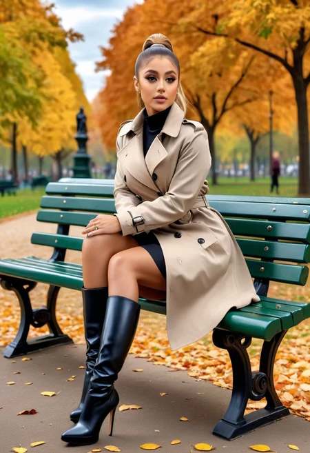 photo of    -10000 beautiful woman ,seductive,Pony tail,in the park,sits on a park bench,Autumn,very short  trench coat , high heel Boots , masterpiece) (best quality) (detailed) (8k) (HDR) (wallpaper) (cinematic lighting) (sharp focus) (intricate)