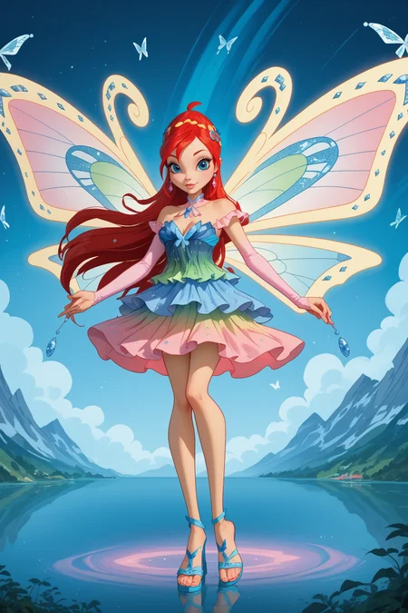 <lora:Character_Bloom_Winx:1>, bloom (winx),enchantix, butterfly wings, colorful dress, blue sandals, blue eyes, pink sleeves, hair ornament, red hair, zPDXL