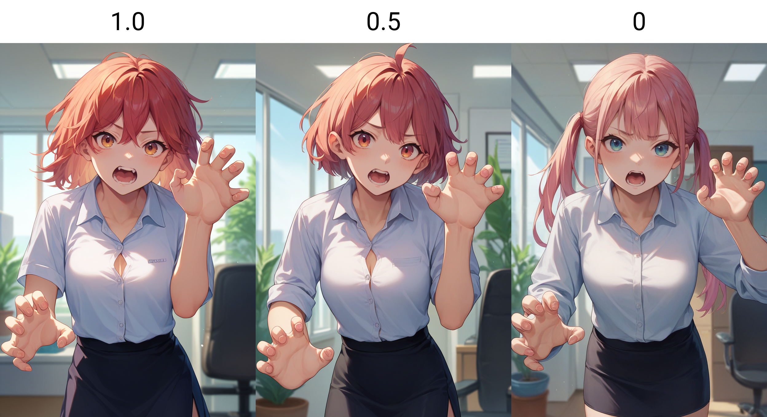 score_9, score_8_up, score_7_up, handfixer, <lora:HandFixer_pdxl_Incrs_v1:1.0>, 1girl, skirt, shirt, office, claw pose, open mouth,