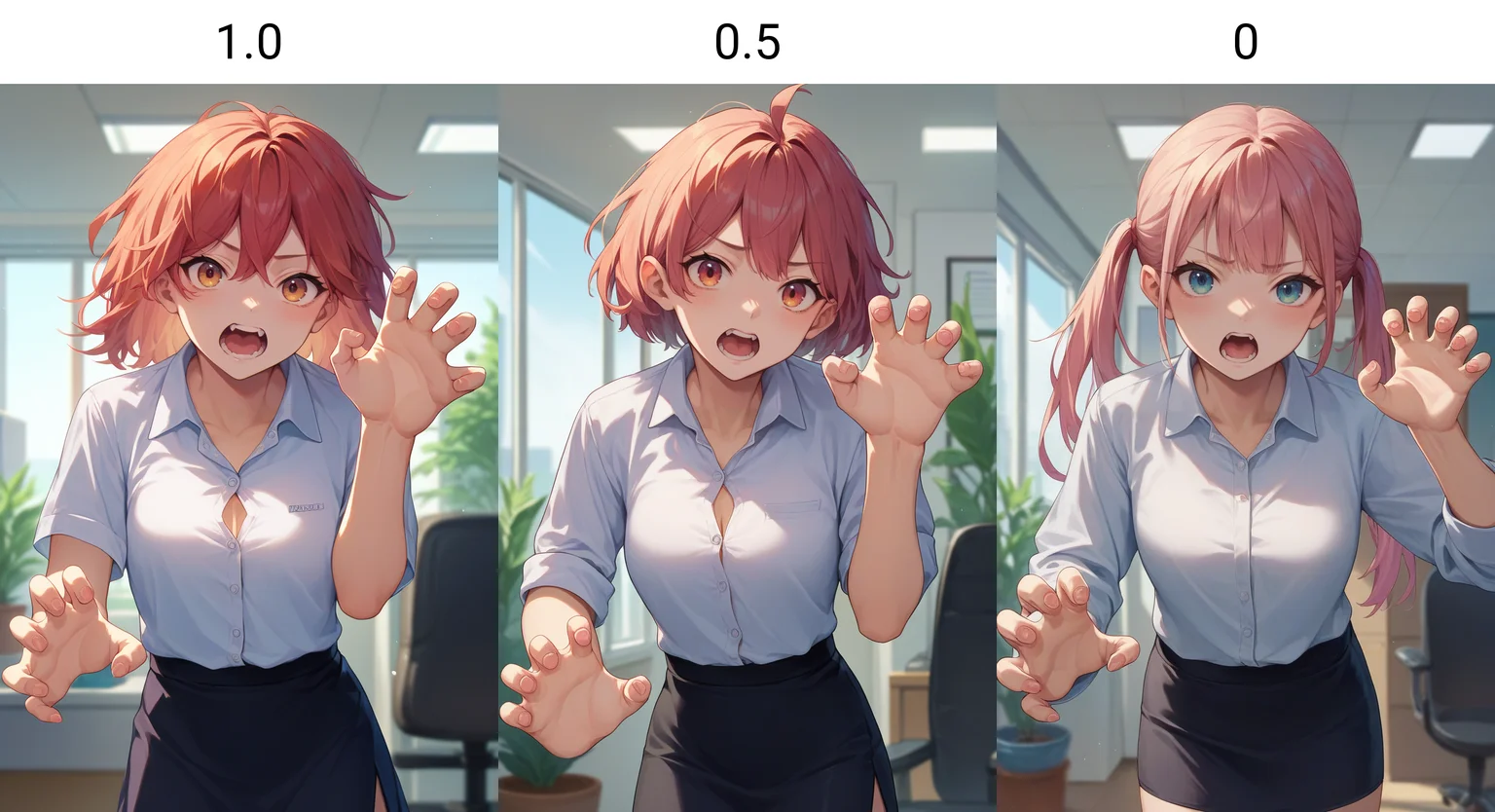 score_9, score_8_up, score_7_up, handfixer, <lora:HandFixer_pdxl_Incrs_v1:1.0>, 1girl, skirt, shirt, office, claw pose, open mouth,