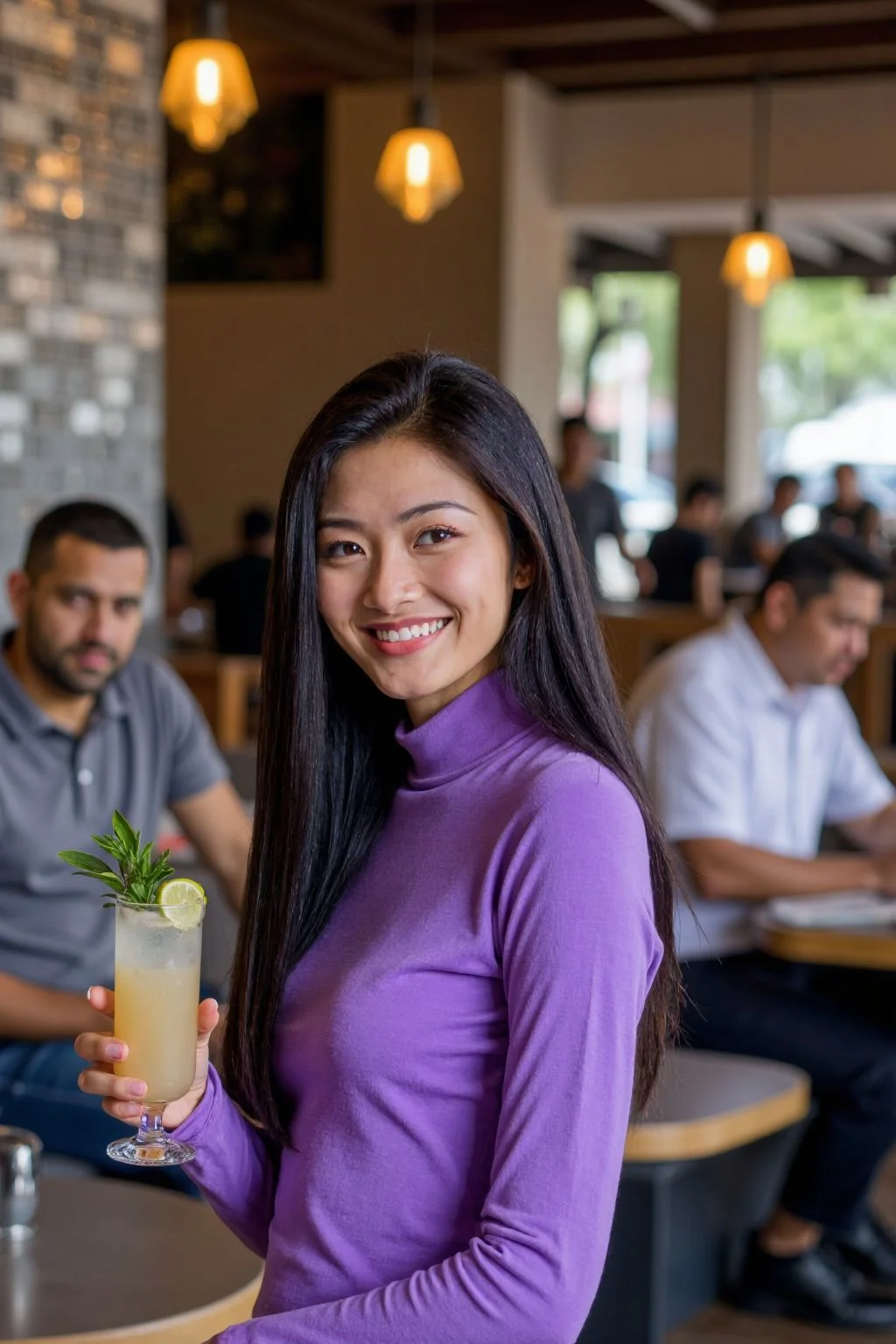 <lora:20250518_AgainCharactersF1Lora36:1>, This photograph captures a vibrant, modern restaurant setting with a warm, inviting ambiance. In the foreground, a young woman with long, straight black hair and fair skin smiles directly at the camera. She is wearing a form-fitting purple long-sleeved top that accentuates her slender figure. In her right hand, she holds a tall, clear cocktail glass filled with a light-colored drink garnished with a lime wedge and a green herb sprig. The woman appears to be in her early twenties.
In the background, there are several patrons engaged in various activities. A man in a gray polo shirt, likely in his thirties, is seated at a table, intently focused on his smartphone. Another man, also in his thirties, is wearing a white shirt and is engaged in conversation with a woman seated across from him. Both are sitting on padded, gray benches with light wood tables.
The restaurant's interior is stylish, with a mix of modern and rustic elements. The walls are adorned with a mosaic pattern of gray and white tiles, and there are pendant lights with warm, yellowish light fixtures hanging from the ceiling. The overall atmosphere is cozy and sophisticated, with a focus on comfort and good food.